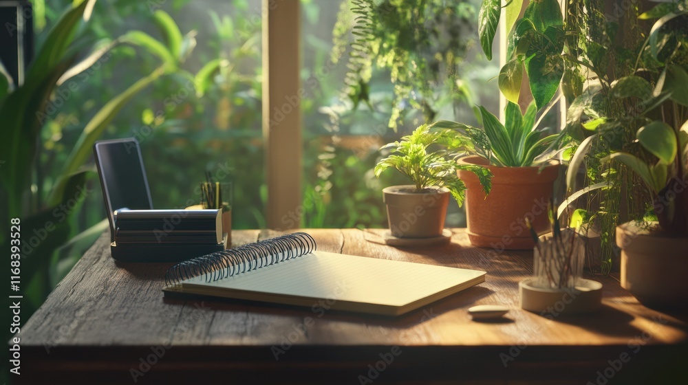 Sunlit desk with plants & notepad. Sunlit desk with plants & notepad.