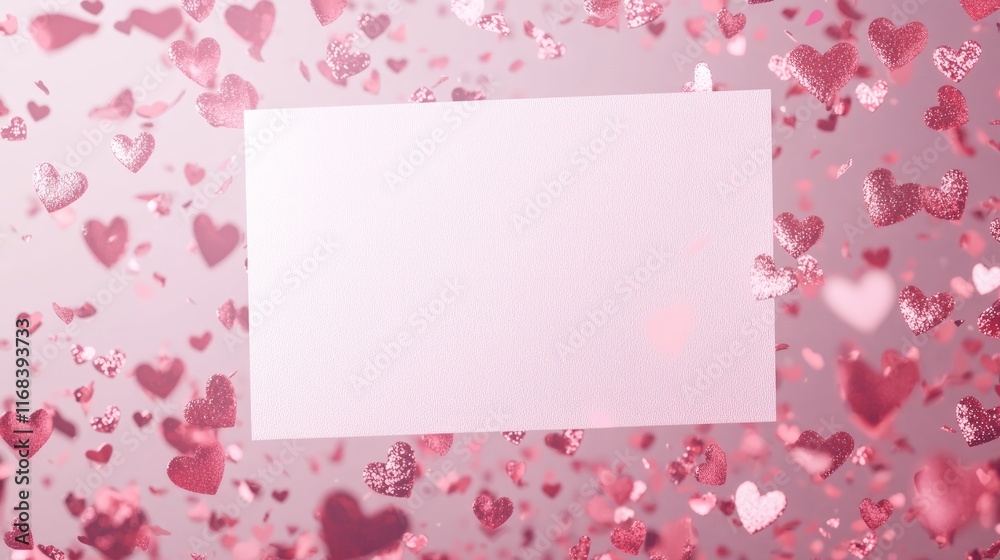 Romantic Glittering Pink Confetti Hearts Swirling Around Floating White Rectangle - Valentine's Day Cinematic Image with Ultra-Detailed Artwork Concept Romantic Glittering Pink Confetti Hearts Swirling Around Floating White Rectangle - Valentine's Day Cinematic Image with Ultra-Detailed Artwork Concept