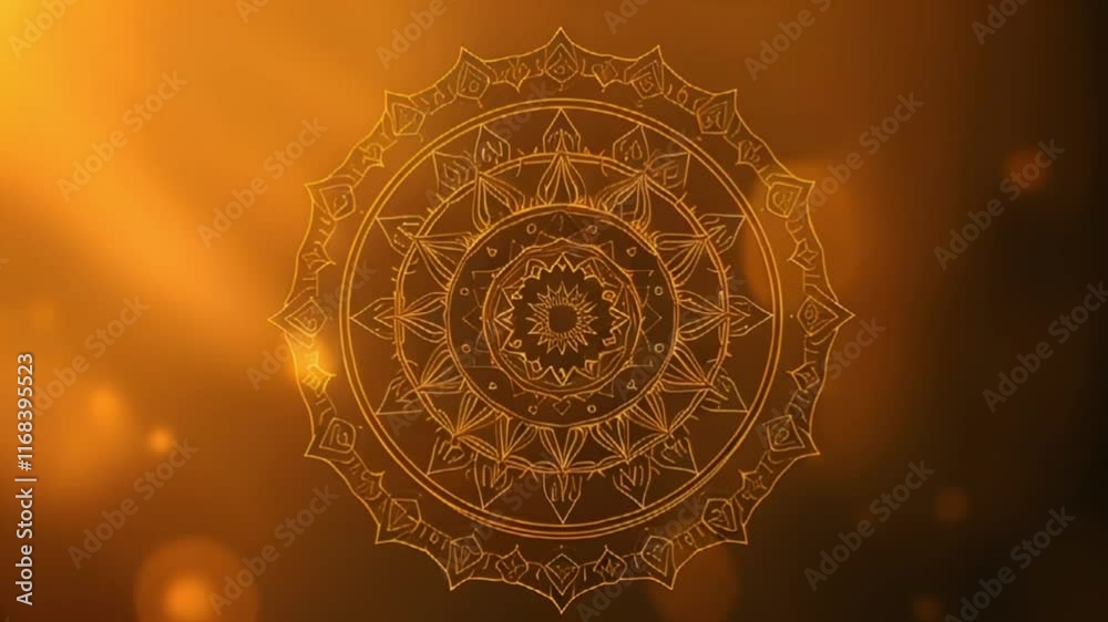 Golden mandala on glowing warm background, spiritual design, elegant and intricate pattern