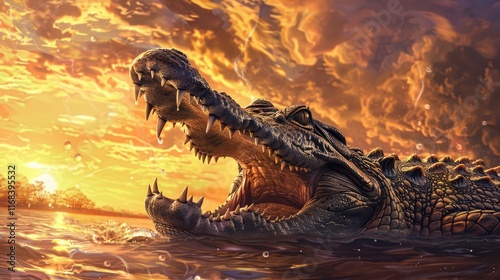 Crocodile's Open Jaws Under a Fiery Sunset photo