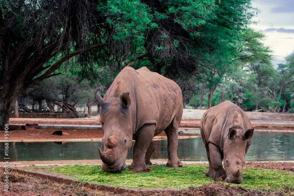 Fototapeta premium Wild animals. A family of white rhinos in the African savannah