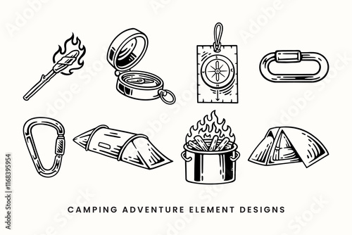 torch, campfire barrel, camping tent, compass, carabiner, bonfire, navigation vintage outline illustration vector element design collection set for adventure, explorer, mountaineer, hiker and climber
