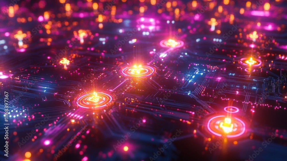 Fototapeta premium A futuristic circuit board with glowing nodes and data pathways, symbolic of advanced technology