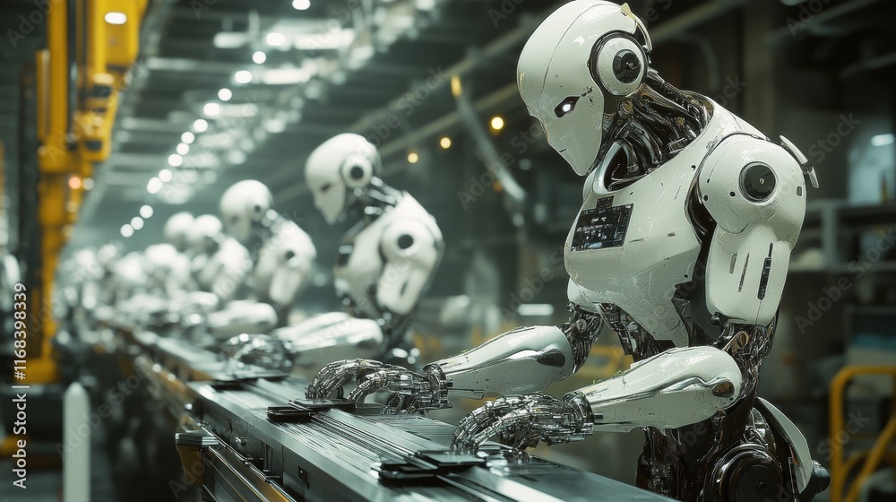 Fototapeta premium A futuristic image showing humanoid robots working together in a factory, sleek metallic designs