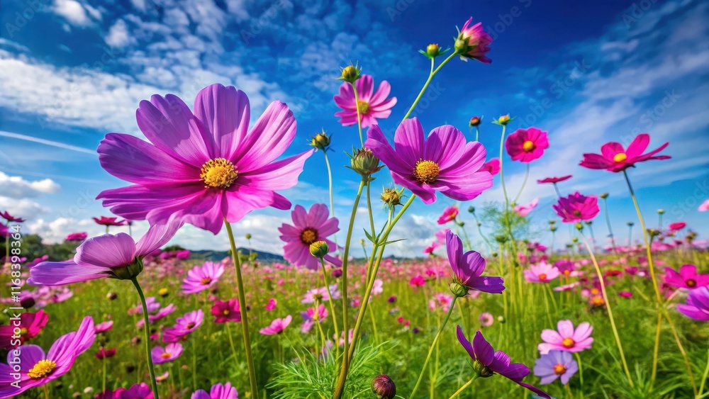 cosmos flower field with vibrant purple flowers against a bright blue sky, surrounded by lush green grass and tall stalks, garden view, colorful wildflowers cosmos flower field with vibrant purple flowers against a bright blue sky, surrounded by lush green grass and tall stalks, garden view, colorful wildflowers