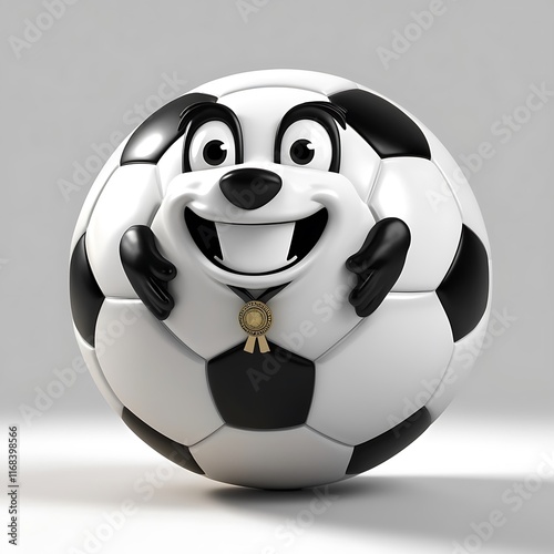 Adorable Cartoon Soccer Ball Mascot with Medal: A Fun and Playful 3D Render of a Smiling Football Character photo