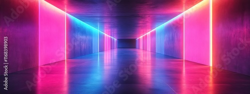 Futuristic Neon Corridor with Dynamic Lighting and Polished Floor in a Hyper-Realistic Style