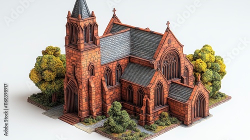 Detailed miniature model of a Gothic church with landscaping.