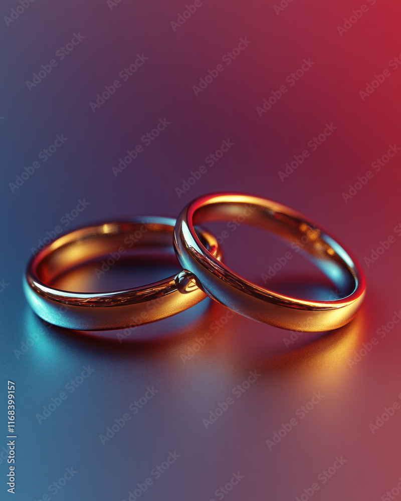 Elegant gold and silver rings on colorful gradient background, symbolizing love and commitment. Perfect for Valentine Day or wedding themes Elegant gold and silver rings on colorful gradient background, symbolizing love and commitment. Perfect for Valentine Day or wedding themes