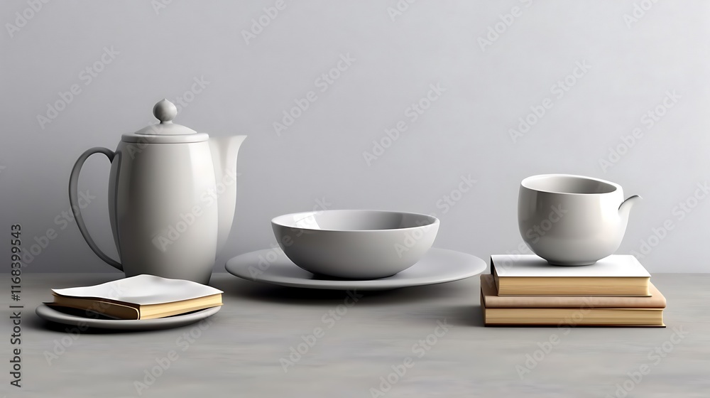 Simple Still Life Featuring White Tea Set and Books Simple Still Life Featuring White Tea Set and Books
