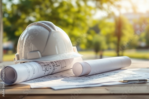 White construction helmet placed on blueprints on a wooden table outdoors, surrounded by greenery and sunlight in the background. photo