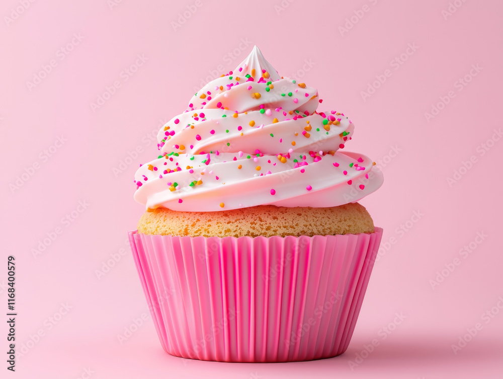 Delicious pink cupcake with creamy frosting and colorful sprinkles