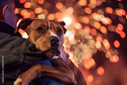A scared dog being held tightly in its owner's arms outdoors at night with colorful fireworks exploding in the sky behind them 