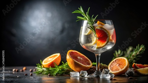 Gin Tonic with Citrus Fruit and Rosemary on Black Background , evening, barroom,  evening, barroom photo