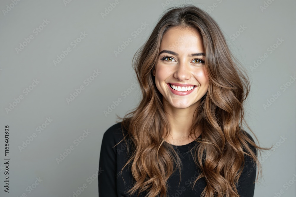 Portrait of a smiling woman with wavy brown hair on a neutral background. Portrait of a smiling woman with wavy brown hair on a neutral background.