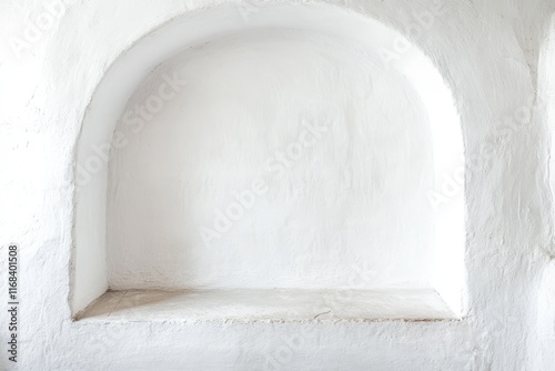 Whitewashed alcove with stone shelf in old building. photo