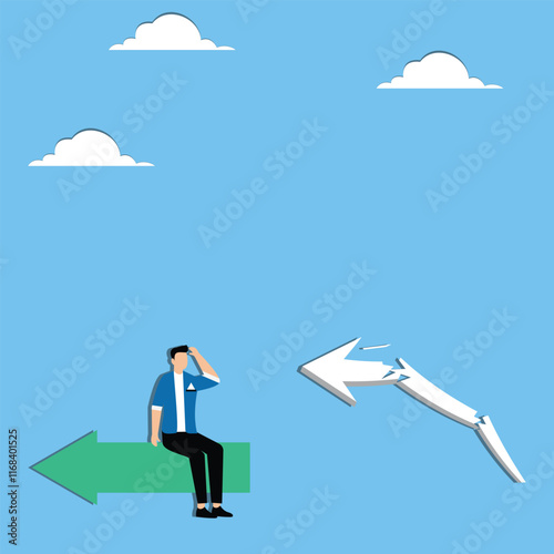 Recessions, business failures, reduced wages or earnings, bankruptcies or stock market crashes, disappointed businessmen sitting on arrows looking at collapsing arrows