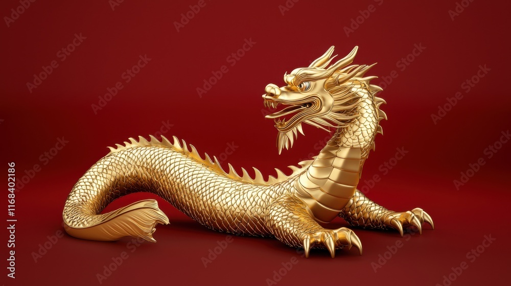 Fototapeta premium A stunning golden dragon sculpture representing strength and prosperity against a vibrant red background.