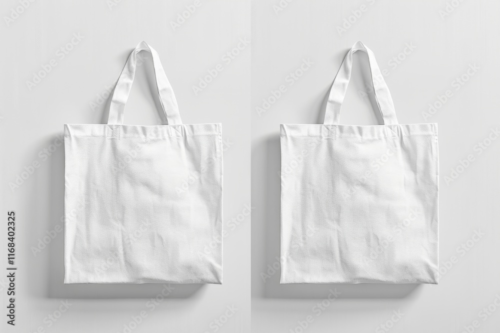 Two blank white tote bags on a white background. (2) Two blank white tote bags on a white background. (2)