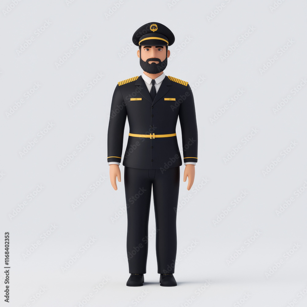 3D pilot character in uniform with beard and hat, standing confidently 3D pilot character in uniform with beard and hat, standing confidently