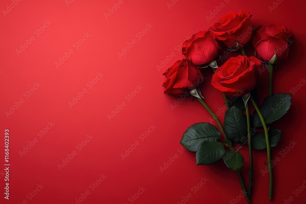 Fototapeta premium Red roses on a red background with copy space for a Valentine's Day celebration banner or greeting card design. 