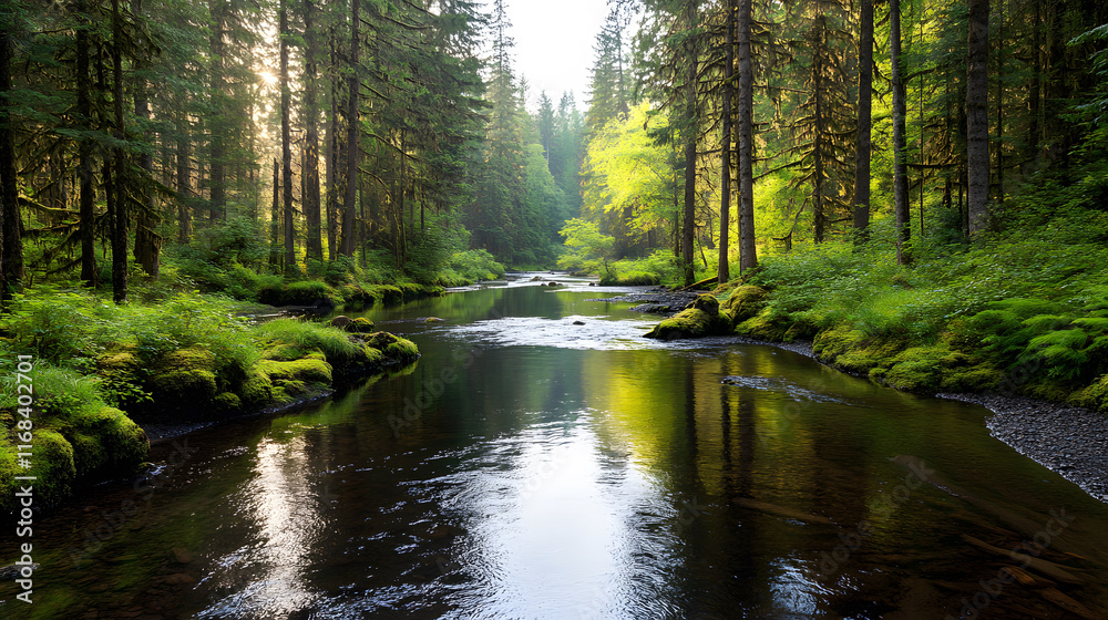 Obraz premium peaceful river meandering through dense forest with lush greenery