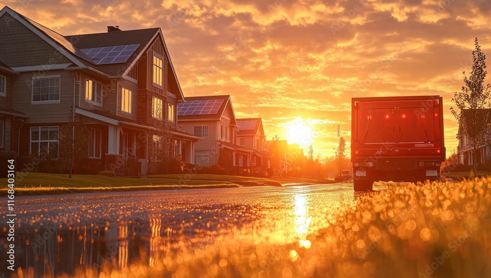 Modern Townhouses with Solar Panels in a Serene Suburban Neighborhood at Dawn