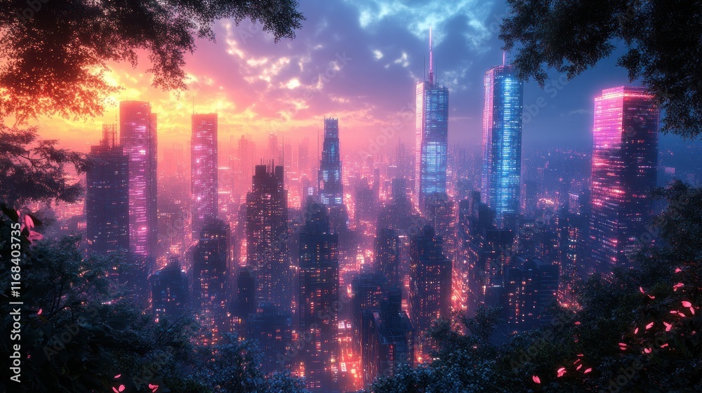 Obraz premium Vibrant Nighttime Cityscape with Skyscrapers and Neon Lights