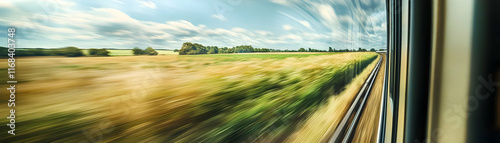 Blurred landscape view from a train window.