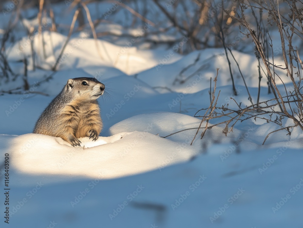 Obraz premium groundhog day - a badger sitting on a patch of snow in a winter landscape. The badger is positioned on the left side of the image, facing to the right