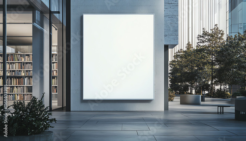 An empty canvas on a modern building's exterior, perfect for artistic displays or advertisements in an urban setting. photo