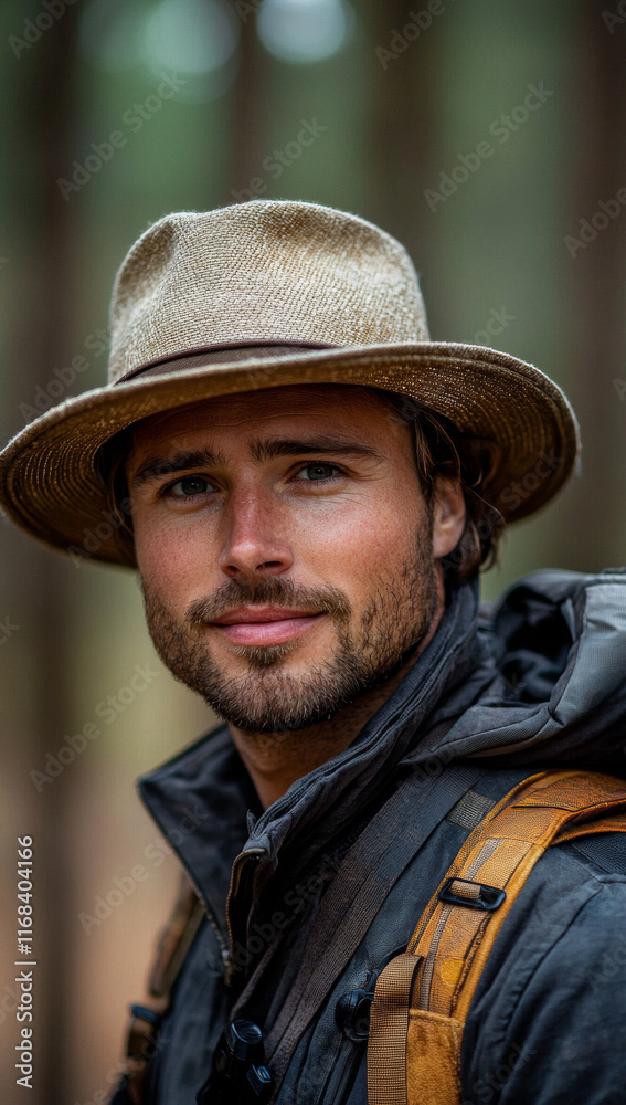 Obraz premium man wearing straw hat and outdoor gear smiles in forest setting
