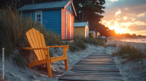 Beach Huts at Cayeux sur Mer in Picardy France with a Beach Chair Under an Awning on a Wooden Pathway photo