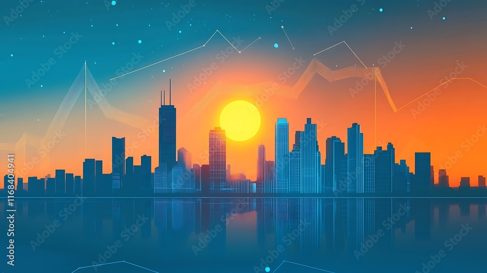 Sunset cityscape reflected in water, stylized illustration. Sunset cityscape reflected in water, stylized illustration.