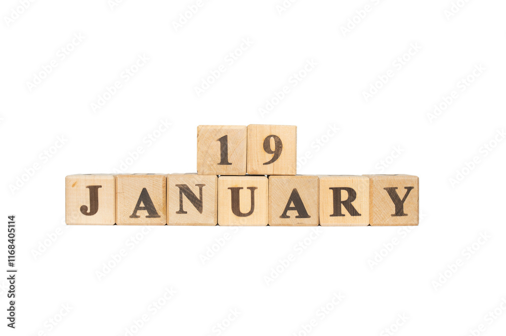 Wooden block calendar January 19 on white background. Apple, Lisa, computer, James Watt, steam engine, Robert E Lee, American Civil War, Georgia, fifth state Wooden block calendar January 19 on white background. Apple, Lisa, computer, James Watt, steam engine, Robert E Lee, American Civil War, Georgia, fifth state