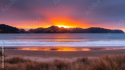 Vibrant sunrise over ocean beach, mountain silhouettes reflected in calm water, sand dunes in foreground.