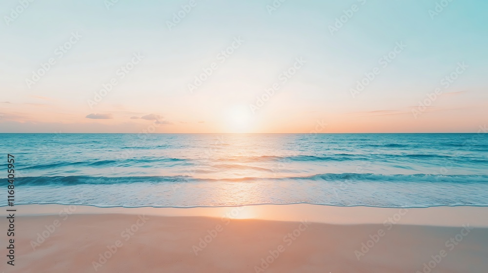 Soft-focus sunset over calm ocean waves gently lapping a sandy beach. Soft-focus sunset over calm ocean waves gently lapping a sandy beach.