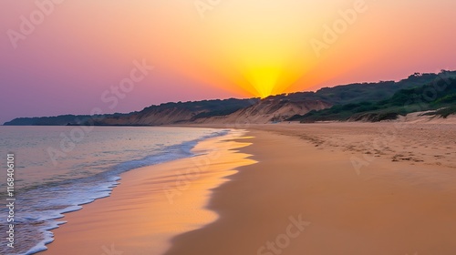 Serene sunset over sandy beach, ocean waves gently lapping shore.