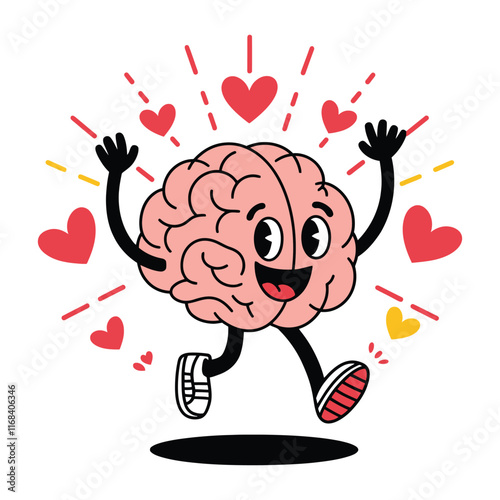 Happy Brain Character with Hearts Illustration