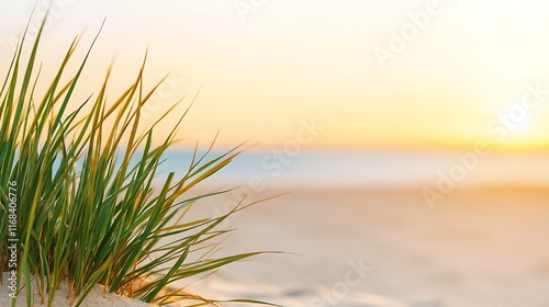 Fototapeta Naklejka Na Ścianę i Meble -  Lush green beach grass at sunset, soft light, ocean background.