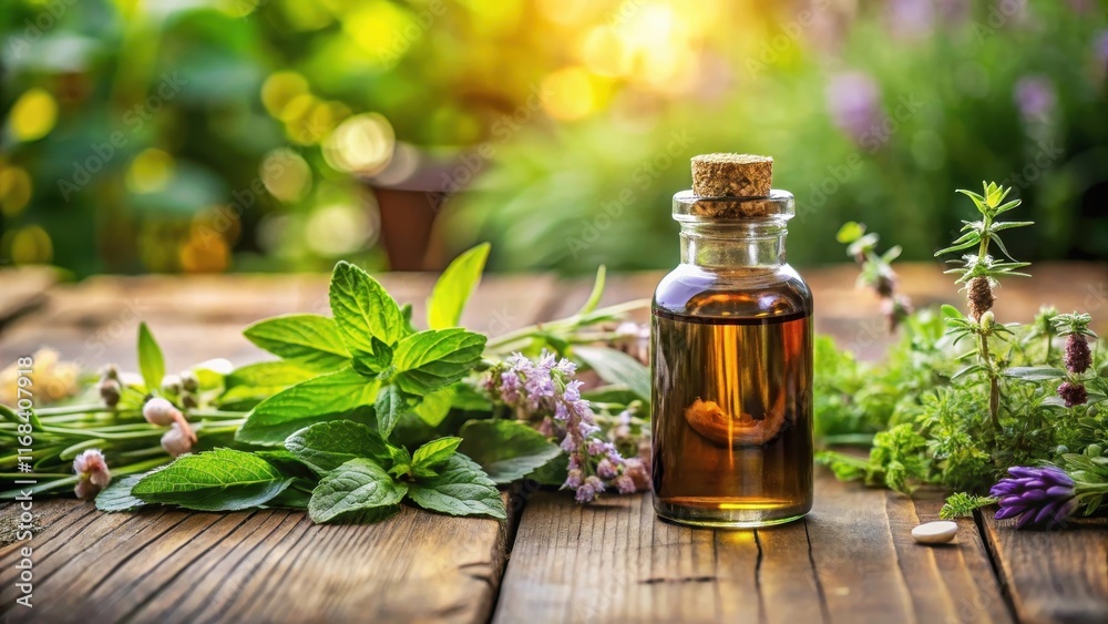 Aromatic herbs and essential oils in a beautiful glass bottle on a wooden table, bottle, herbs, bottle, herbs, home Aromatic herbs and essential oils in a beautiful glass bottle on a wooden table, bottle, herbs, bottle, herbs, home