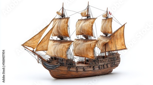 Detailed model of a historic sailing ship with tan sails and dark wood hull, isolated on white background. photo