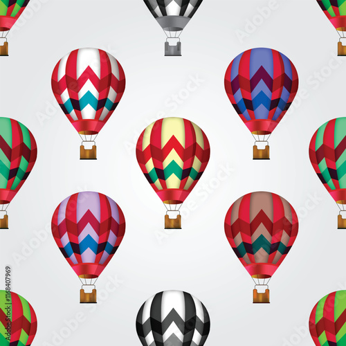 This seamless vector art design showcases vibrant hot air balloons with intricate patterns and colors, floating in a serene sky. Perfect for backgrounds, wallpapers, or whimsical illustrations.