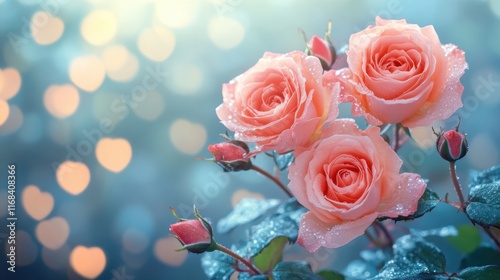 Romantic pink rose bouquet buds with bokeh heart shaped background