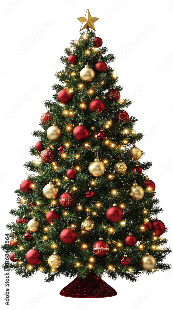 Festive Christmas Tree with Red and Gold Ornaments Lights Festive Christmas Tree with Red and Gold Ornaments Lights