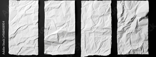 Four crumpled white paper sheets on black background. (11)