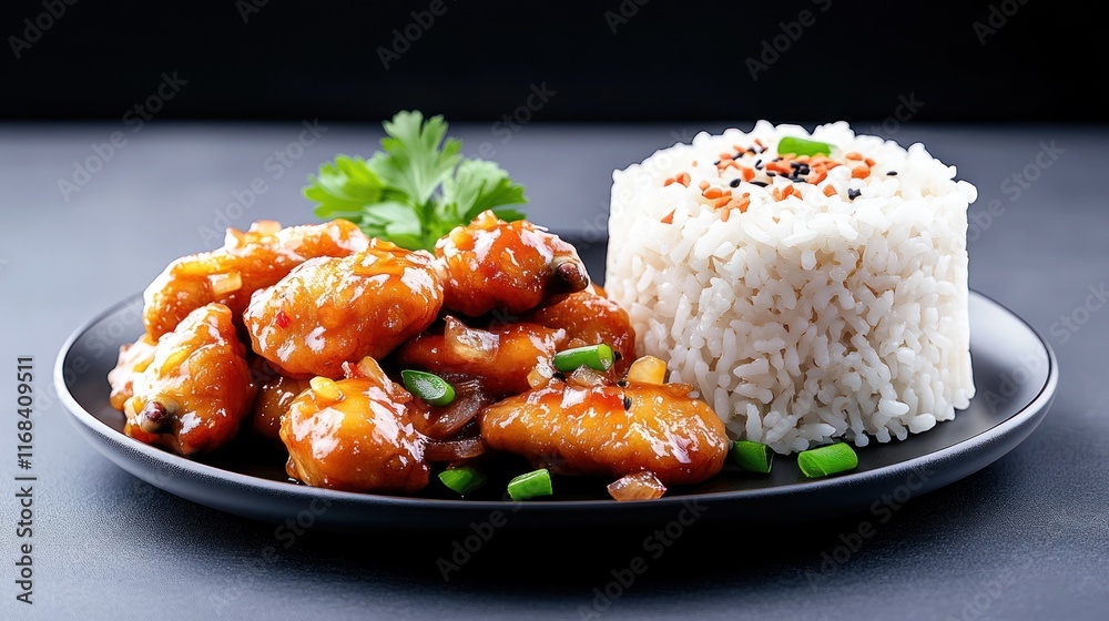 A plate of orange chicken with rice and garnish. A plate of orange chicken with rice and garnish.