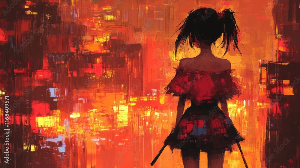 Girl with paint-splattered clothes and brushes in an anime setting, in front of a large, colorful fresco with bold shapes and fluid lines across the entire wall. Girl with paint-splattered clothes and brushes in an anime setting, in front of a large, colorful fresco with bold shapes and fluid lines across the entire wall.