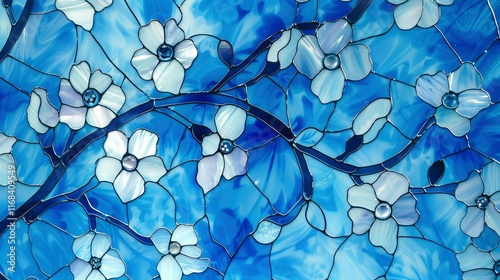 Abstract blue background with a pattern of glass flowers in stained glass