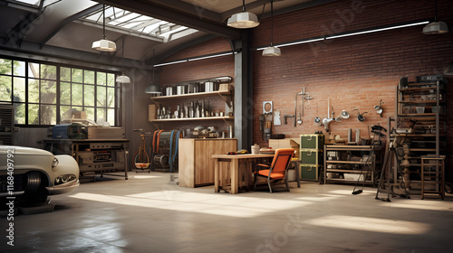 Spacious Industrial-Themed Garage: A Sanctuary for Classic Car Enthusiasts and Mechanics